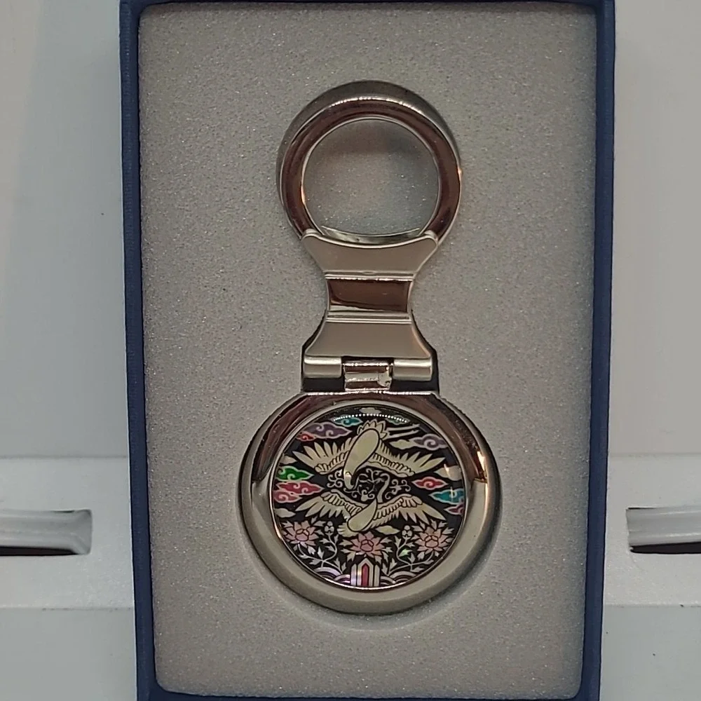 KLC Keychain Men Woman Silver Mother of Pearl Korean Crane Bird Floral Inlay Box